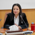 سيدة ترتدي سترة سوداء وسماعة أذن طبية تمثل الحكومة.