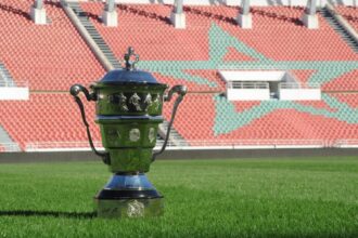 كأس فضية لامعة تقف على عشب أخضر داخل ملعب كرة قدم.