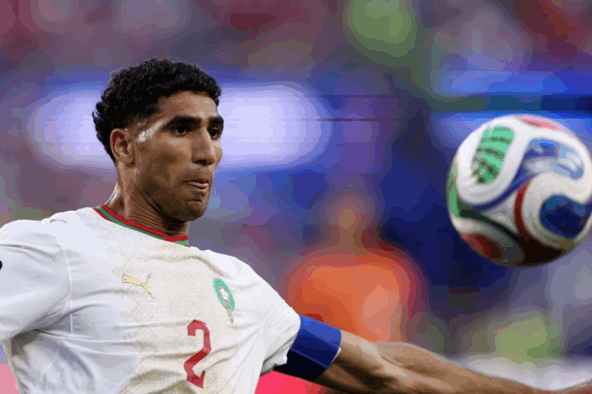 أشرف حكيمي يركض بالكرة في مباراة كرة قدم.