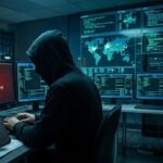 شخص يرتدي قلنسوة سوداء أمام شاشة رقمية مضيئة.