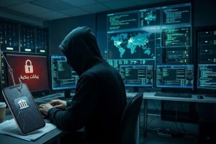 شخص يرتدي قلنسوة سوداء أمام شاشة رقمية مضيئة.