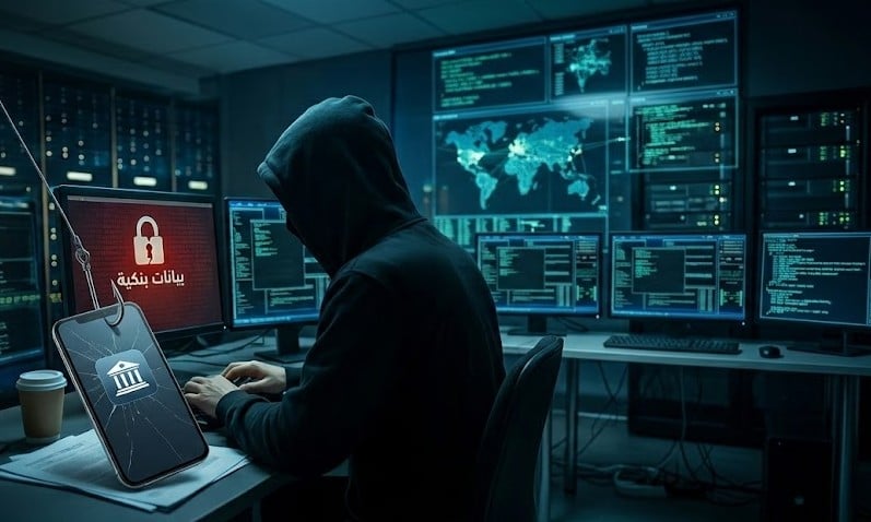 شخص يرتدي قلنسوة سوداء أمام شاشة رقمية مضيئة.