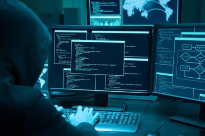 شخص ما يبرمج على لوحة مفاتيح أمام شاشات متعددة