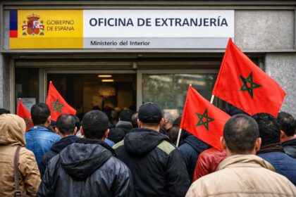 مهاجرون واقفون في طابور أمام مبنى إداري في إسبانيا