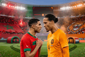 لاعب مغربي وهولندي يتنافسان على الكرة في مباراة كرة قدم