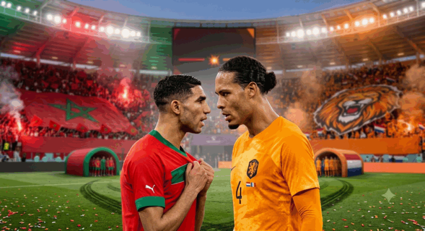 لاعب مغربي وهولندي يتنافسان على الكرة في مباراة كرة قدم