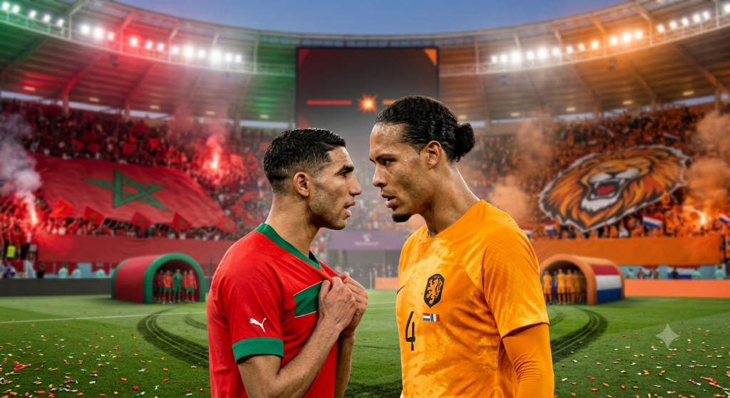 لاعب مغربي وهولندي يتنافسان على الكرة في مباراة كرة قدم