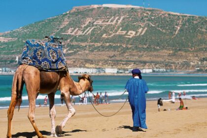 شخص يرتدي زيا تقليديا يركب جملا في الصحراء