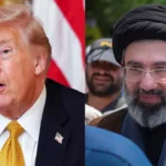 دونالد ترمب يتحدث والخميني بجانبه