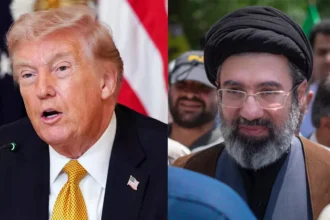دونالد ترمب يتحدث والخميني بجانبه