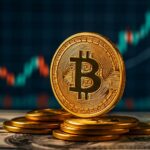 عملة بيتكوين على أوراق نقود ومخطط بياني