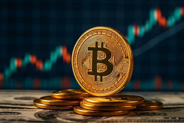 عملة بيتكوين على أوراق نقود ومخطط بياني