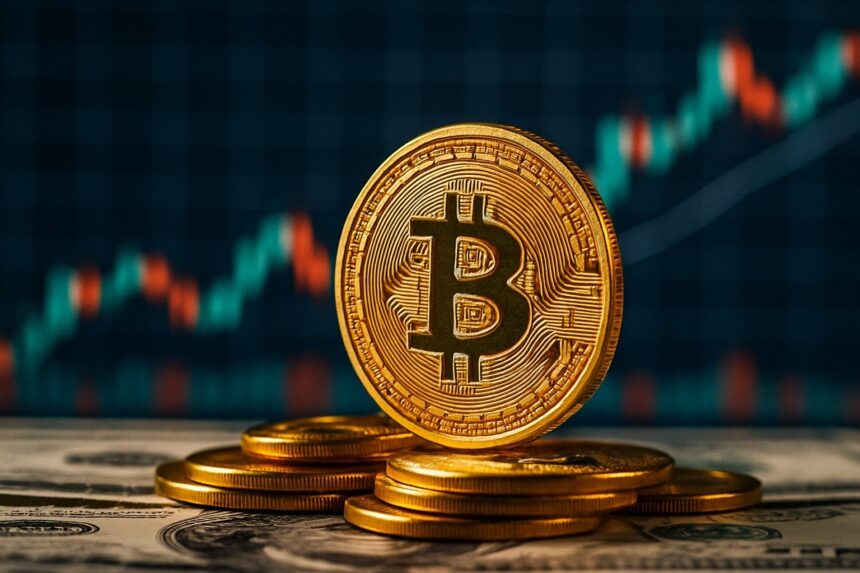 عملة بيتكوين على أوراق نقود ومخطط بياني