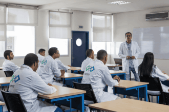 مجموعة من الأطباء يناقشون حول السبورة