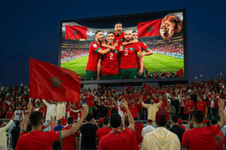 مشجعون يلوحون بالأعلام أمام شاشة عرض كبيرة في الملعب