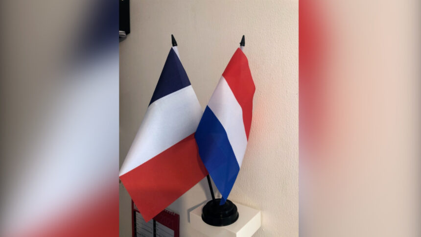 علمي ألمانيا وفرنسا يقفان على حاملين صغيرين