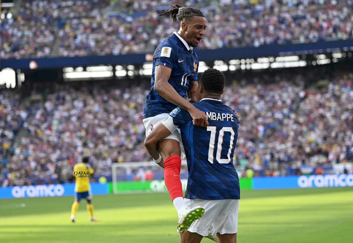 لاعب كرة قدم فرنسي يرتدي قميص مبابي يحتفل مع زميله.