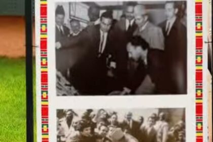 بوستر فوتوغرافي يعرض صورًا لأشخاص بخلفيات حمراء وخضراء