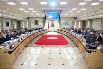 رجال في قاعة اجتماعات عامة مع سجاد أحمر
