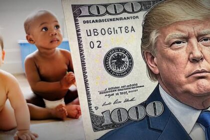 صورة للرئيس الأمريكي دونالد ترامب مع مبلغ 1000 دولار وطفلين.