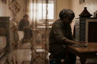 امرأة تجلس وتمسح الطاولة على ركبتيها