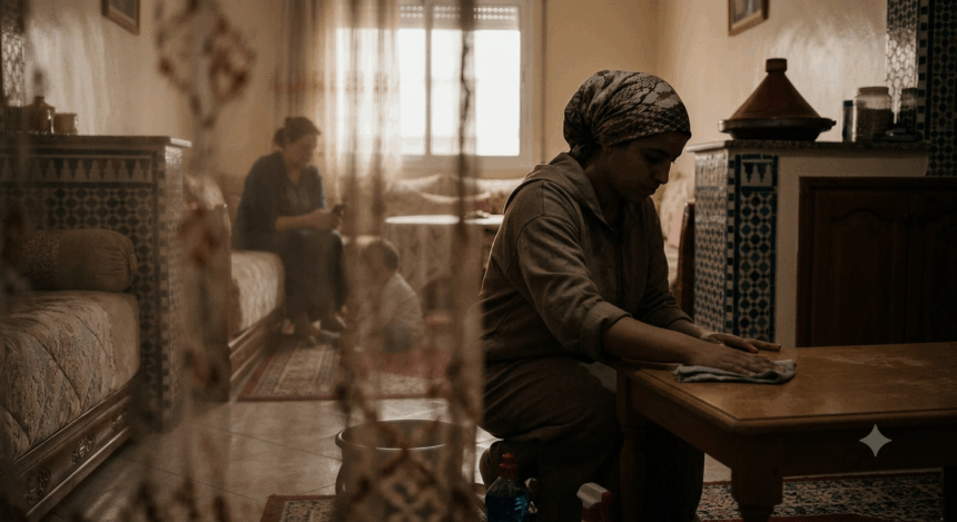 امرأة تجلس وتمسح الطاولة على ركبتيها