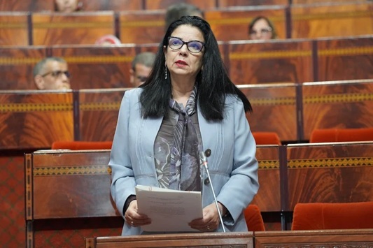 الوزيرة أمل الفلاح تتحدث أمام الميكروفونات خلال مؤتمر صحفي.