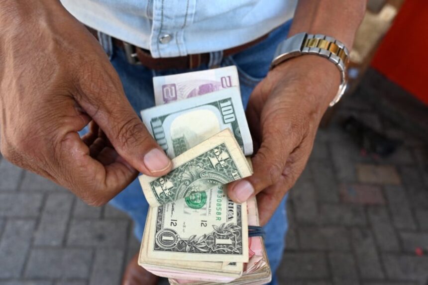 رجل يحمل أموالاً متنوعة في سوق.