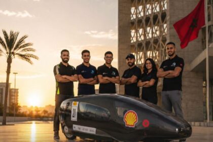 فريق من الطلبة المهندسين المغاربة يقفون خلف مركبتهم المبتكرة الموفرة للوقود.