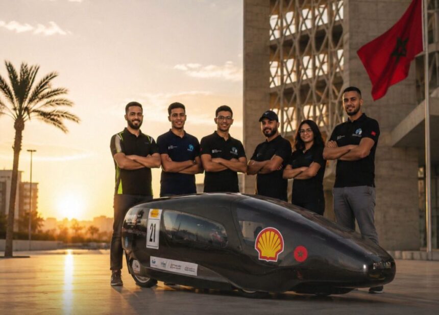 فريق من الطلبة المهندسين المغاربة يقفون خلف مركبتهم المبتكرة الموفرة للوقود.