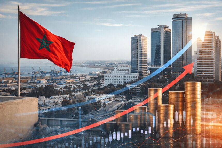 علم المغرب يرفرف فوق مدينة حديثة بها ناطحات سحاب وميناء