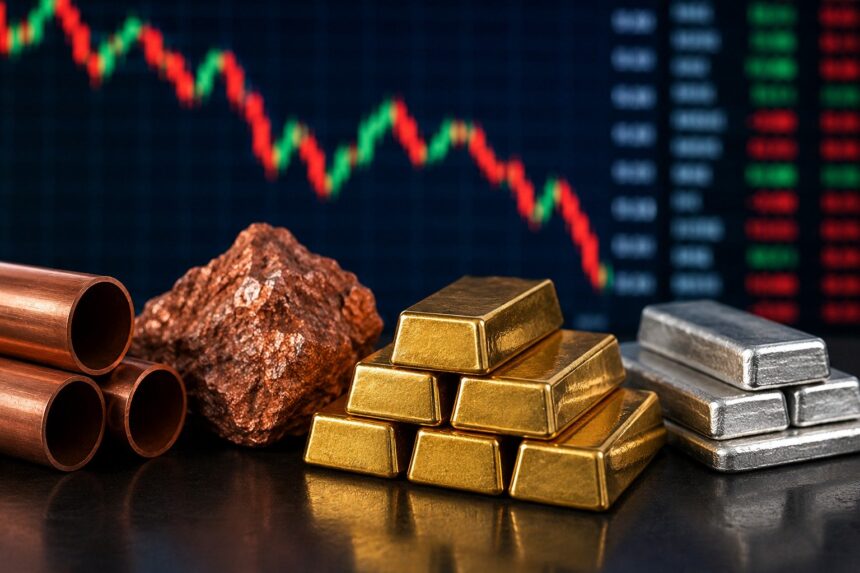 معادن خام وقطع ذهبية ونحاسية على طاولة.
