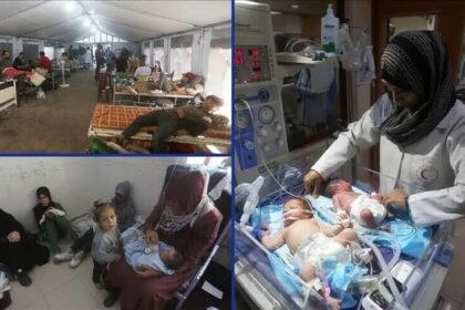 ثلاثة أشخاص تحت خيمة، يظهرون المعاناة والضيق.