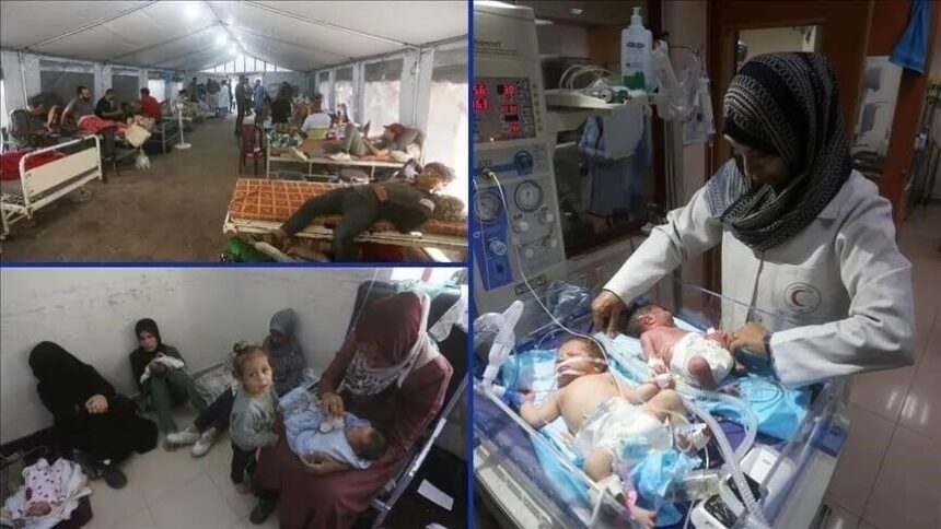 ثلاثة أشخاص تحت خيمة، يظهرون المعاناة والضيق.