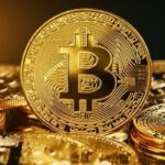 عملة بيتكوين ذهبية اللون على حامل.