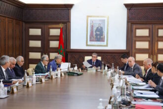 رجال يجلسون حول طاولة اجتماع طويلة في مجلس الحكومة
